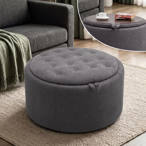 Tbfit Multi-Functional Round Storage Ottoman for Home - No-Assembly Footrest & Seat with Spacious Storage Plush Fabric Design for Living Room, Bedroom, Nursery (Dark Gray) - color: Dark Gray