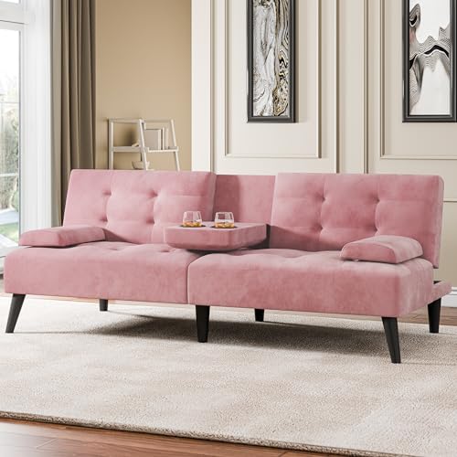 Futon Sofa Bed, Small Convertible Sofa Couch Recliner, 64 in Adjustable Sofa Bed for Living Room, Removable Armrest Pillows, Pink - color: Pink