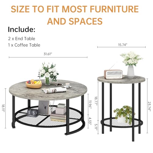 Recaceik Round Coffee Table and End Table Set of 3 with Storage, Modern Vintage Grey Coffee Table and Side Table for Living Room, Office, Apartment, Small Space - color: Round - Grey