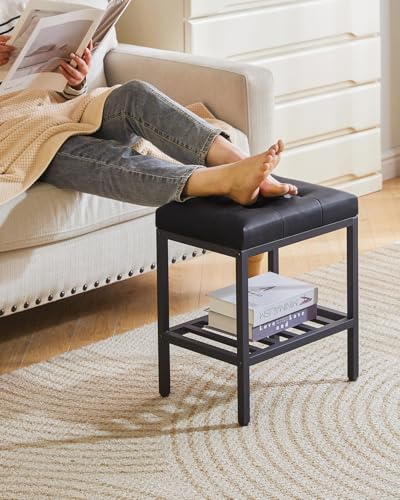 IBUYKE Rectangular Makeup Stool, PU Seat Vanity Chair, Black WBD017B | Adjustable Feet Storage Space Footrest Multi-Use Small Side Table Ottoman Bedroom - color: Black, size: Rectangular