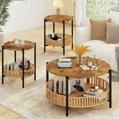 AWQM 3 Pieces Coffee Table Set for Living Room, 2 Tier Round Rattan Coffee End Side Table, Boho Living Room Table Set with Metal Frame for Bedroom Office - size: Set of 3