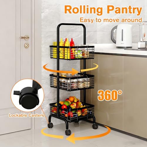 3 Tier Rolling Cart, Heavy Duty Metal Utility Cart with 4 Lockable Wheels & Handle, Multi-Purpose Storage Organizer for Kitchen, Bathroom, Laundry Room, Pantry, Office, Craft, Makeup (Black) - color: Black
