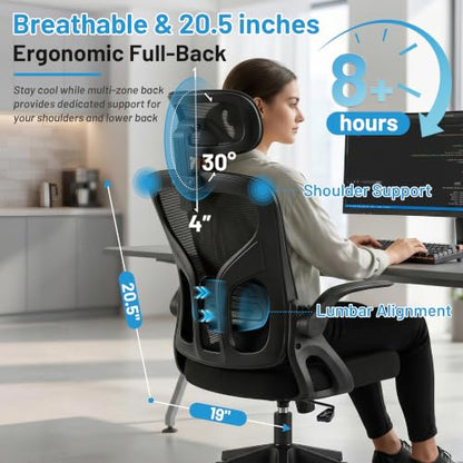 Office Chair Ergonomic Desk Chair with Adjustable Headrest Lumbar Support, High Back Breathable Mesh Chair with 120° Tilt & Flip-Up Armrests, Swivel Comfy Task Computer Chair for Work, Study - color: Black