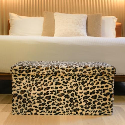 Luxe Faux Fur Storage Ottoman, Leopard, 30 x 15 x 15 in | Engineered Wood, Tool-Free Assembly, Modern Style, Seat And Footrest - color: Leopard, size: 30"D x 15"W x 15"H