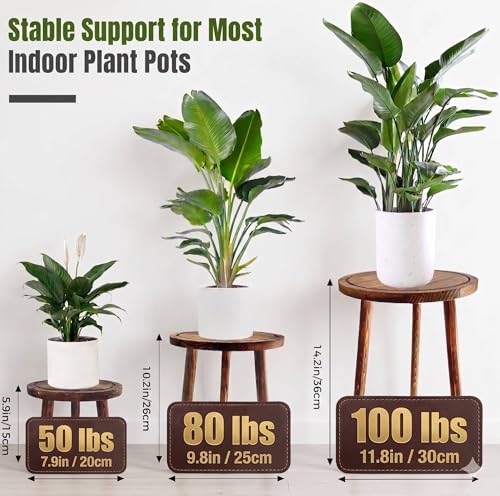 3-Pack Wood Plant Stands Indoor for 6-12 Inch Pots | Multiple Mid-Century Modern Stool, Tall Corner Planter Table for Living Room, Balcony & Office