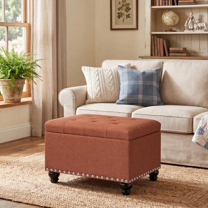 Ottoman with Storage, Fabric Ottoman Foot Rest 24" Rectangle Tufted Foot Stools Ottomans with Hinged Lid Upholstered Button Ottomans for Bedroom Living Room Entryway, Rust - color: Rust