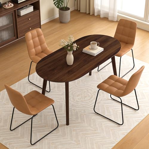 63" Oval Dining Table Set for 4 with Solid Wood Legs | 5 Piece Walnut Dining Table Set for Kitchen and Dining Room Furniture, 4 Brown Dining Chairs, Mid Century Modern - color: Walnut Table C-brown Chairs