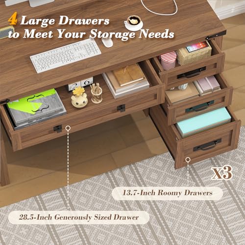 47" Farmhouse Computer Desk with 4 Drawers for Home Office, Bedroom | Executive Desk with Power Outlets, Home Office Desk with Monitor Stand & Drawers, Small Desk Writing Study Table, Brown - color: Brown