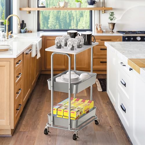 Simple Houseware 2-Tier Rolling Utility Cart Wood Top/Lockable Wheel, White | Metal Storage Organizer Trolley for Kitchen, Bathroom, Office, Craft Room - color: White