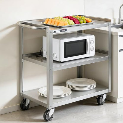 Hally Stainless Steel Utility Cart 3 Tier NSF Rolling Carts 31" Lx19 Wx34 H | Commercial Heavy Duty Metal Mobile Food Cart, with Handle and Wheels, for Kitchen, Restaurant, Hospital, Laboratory and Home - size: 19''x31''x34''