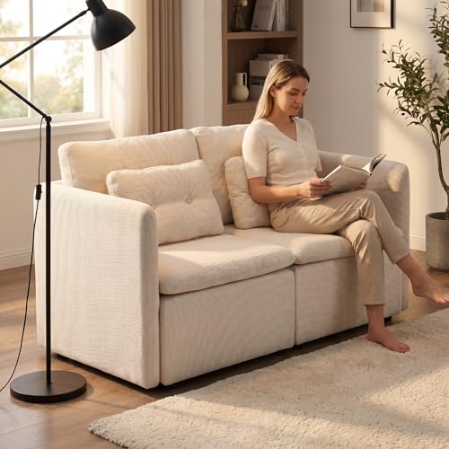 HNY 56.5" Modern Loveseat Sofa, Beige | 2-Seat Button Tufted Love Seat, Deep Seat Chenille Fabric With Pillow, Small Couch for Bedroom, Apartment, Home Furniture - color: Beige, size: Loveseat