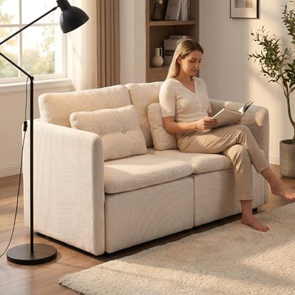 HNY 56.5" Modern Loveseat Sofa, Beige | 2-Seat Button Tufted Love Seat, Deep Seat Chenille Fabric With Pillow, Small Couch for Bedroom, Apartment, Home Furniture - color: Beige, size: Loveseat