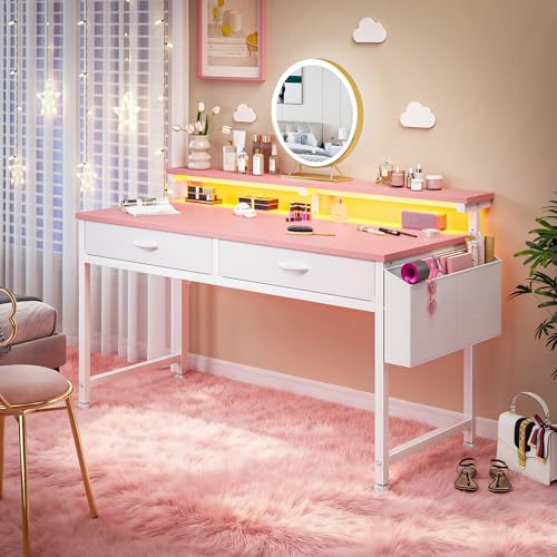 DurayLoly 47.3” Office Computer Desk with LED Lights&2 Fabric Drawers,Pink | Gaming Desk with Side Pocket & Ergonomic Monitor Stand,Small Space Writing Table: Sturdy Metal Frame,Anti-Tip Design for Teen - color: Pink, size: 47.3 Inch