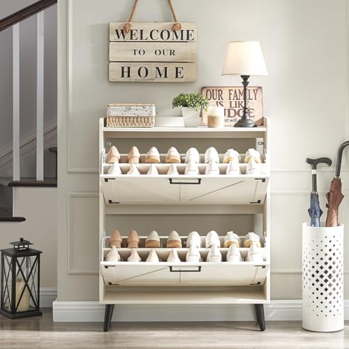 Barnyatoh Shoe Storage Cabinet with 2 Flip Drawers,Hidden Shoe Organizer | Farmhouse Freestanding Narrow Slim Shoes Rack Cabinet with Adjustable Shelves for Entryway Hallway,Antique White - color: Antique White