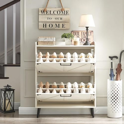Barnyatoh Shoe Storage Cabinet with 2 Flip Drawers,Hidden Shoe Organizer | Farmhouse Freestanding Narrow Slim Shoes Rack Cabinet with Adjustable Shelves for Entryway Hallway,Antique White - color: Antique White