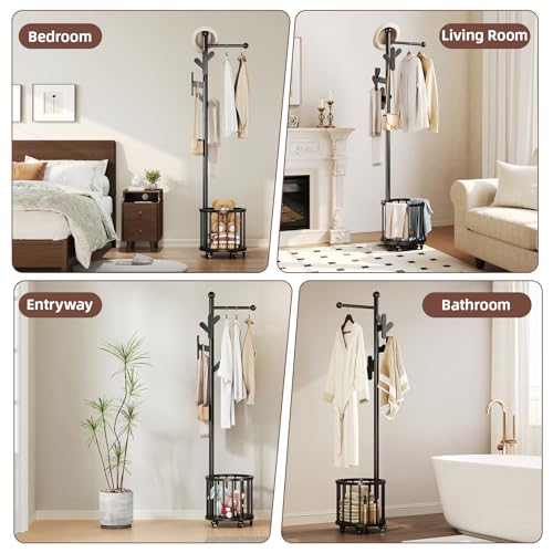 CozyDH Wooden Coat Rack Stand with Umbrella Holder and Wheels, Freestanding Hall Tree Coat Hanger with Multi Hooks, Heavy Duty Coat Tree for Entryway Bedroom Hallway Office，Black - color: Black, size: Round-15.7D×15.7W×72.8H