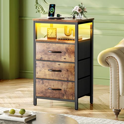 Huuger Night Stand with Charger Station and LED Lights, 3 Drawer Nightstand | Bed Side Table with Open ShelfEnd TableTall Fabric Dresser for Bedroom, Rustic Brown - color: Rustic Brown, size: 11.8"D x 15.7"W x 27.6"H（3 Drawers）