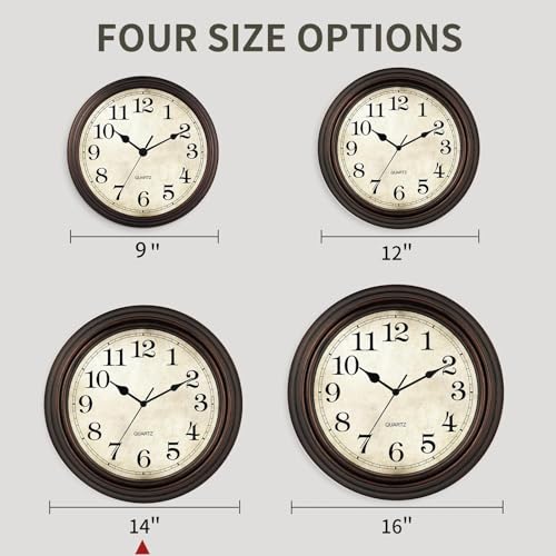 Wall Clock 14 Inch Vintage Decorative Battery Operated Silent | Bronze round clock; clear glass easy read; silent non-ticking; for living room, kitchen, bedroom - color: A_bronze, size: 14"