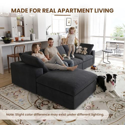 118" Cloud Modular Sofa, Convertible Modular 3 Seater Couch, Cotton Linen Fabric Sofa for Living Room, Apartment and Bedroom, Removable Covers, 2 Pillows, Black - color: Black, size: 3-Seater