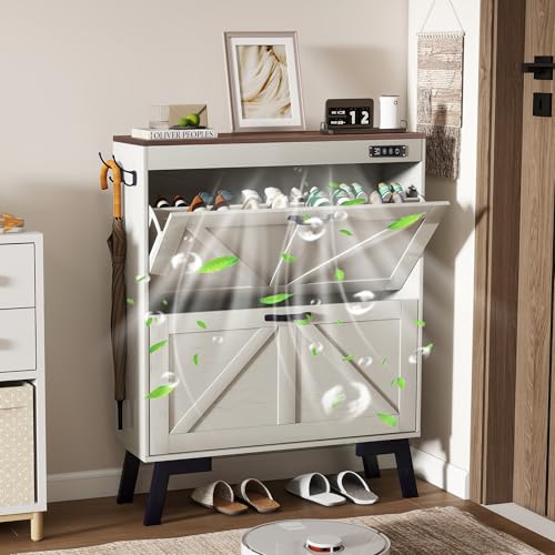 Shoe Storage Cabinet with Deodorizer, Narrow Entryway Storage, Anti-Tip | Deodorizer with 4 Modes , 2 Flip Drawers , Adjustable Shelves , Narrow White Design , Anti-Tip Kit , 9.4"D x 31.4"W - size: 38.9"H x 31.4"W x 9.4"D