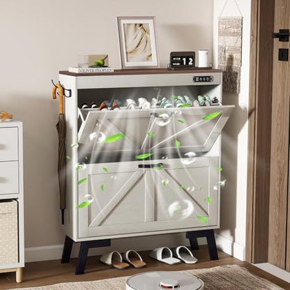 Shoe Storage Cabinet with Deodorizer, Narrow Entryway Storage, Anti-Tip | Deodorizer with 4 Modes , 2 Flip Drawers , Adjustable Shelves , Narrow White Design , Anti-Tip Kit , 9.4"D x 31.4"W - size: 38.9"H x 31.4"W x 9.4"D