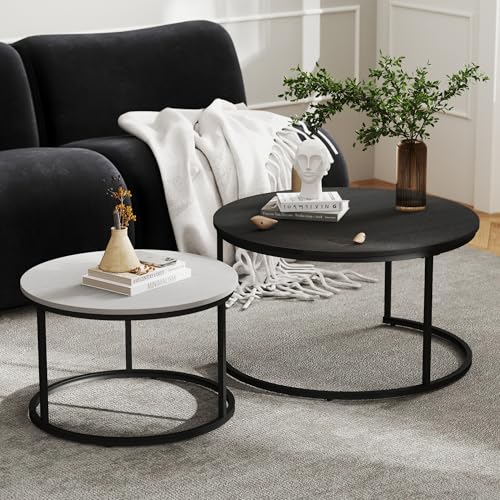 Otterease Nesting Tables Set of 2, Small Round Coffee Table for Living Room | Nesting Coffee Table with Adjustable Non-Slip Feet, Wood Grain Top Nesting Table for Bedroom (Wood Grain Black & White) - color: 31.5" Wood Grain Black&white