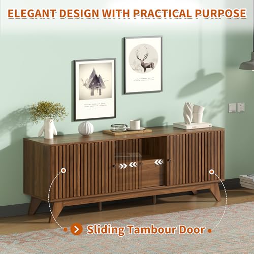 63" TV Stand, Media Console for TVs up to 70", Walnut | Mid-Century Modern Design, Fluted Sliding Doors, Storage Cabinets, Cable Management, Media Console for Living Room, Bedroom