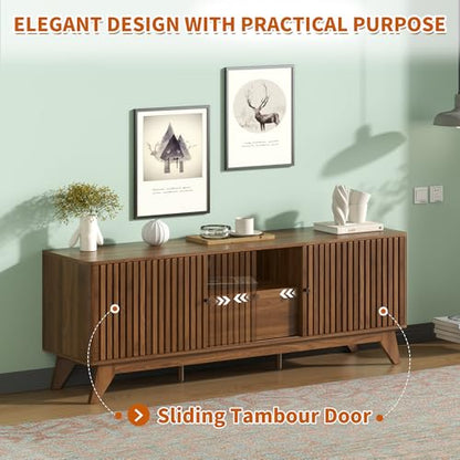 63" TV Stand, Media Console for TVs up to 70", Walnut | Mid-Century Modern Design, Fluted Sliding Doors, Storage Cabinets, Cable Management, Media Console for Living Room, Bedroom