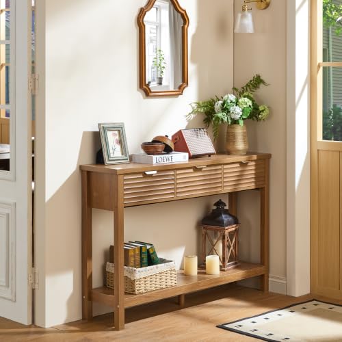 LEYAOYAO 47.2" Fluted Console Table with 3 Drawers, Brown Entryway Table | Modern Wood 2 Tier Entry Table, with Open Storage Shelf, Farmhouse Sofa Table Behind Couch, for Living Room, Hallway, Foyer - color: Tea Brown