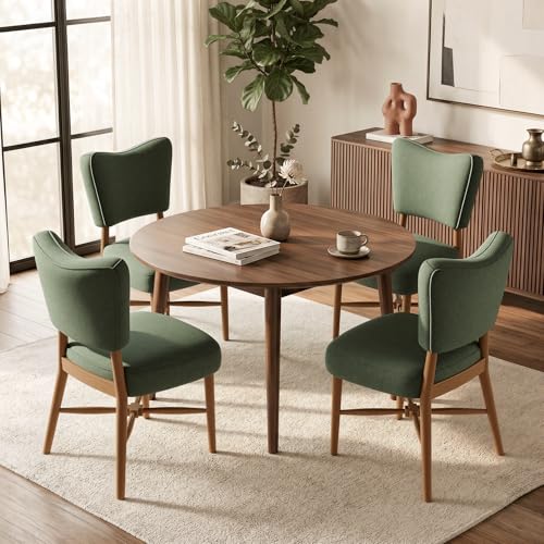 Mid Century Dining Chairs Set of 4, Linen Seat, Wood Legs, Green | Farmhouse, Upholstered Padded Cushion, Solid Wood Cross-Brace, Easy 15-Min Assembly, Kitchen Dining Room - color: Green, size: Set of 4