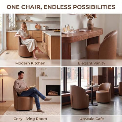 HNY Upholstered Kitchen & Dining Room Barrel Chair, Mid Century Modern Round Leather Dining Chair, 360 Degree Swivel Comfy Armless Accent Makeup Vanity Side Chair for Bedroom Living Room, Brown - color: Brown