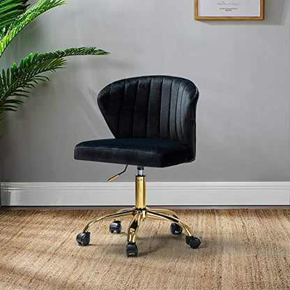 TINA'S HOME Office Desk Chairs with Wheels & Gold Base, Modern Velvet Cute Armless Office Chair, Adjustable Low Back Swivel Rolling Chair, Upholstered Task Chair for Living Room Vanity Study-Black | Modern Velvet Cute Armless Office Chair, Adjustable Low