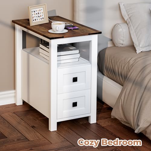 VVFLU Farmhouse End Table with Charging Station and 2 Storage Drawers, White Wood Nightstand Narrow, Skinny Side Table Rustic, Slim Bedside Table, Open Shelf, Small for Bedroom, Living Room, Sofa - color: White/Wood