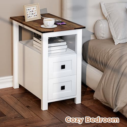 VVFLU Farmhouse End Table with Charging Station and 2 Storage Drawers, White Wood Nightstand Narrow, Skinny Side Table Rustic, Slim Bedside Table, Open Shelf, Small for Bedroom, Living Room, Sofa - color: White/Wood
