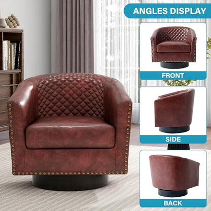 Faux Leather Swivel Accent Chair, Modern Barrel Club Chair, Red Brown | Comfy Living Room Chair, Modern Nailhead Trim Round Armchair Bedroom Reading Seat with Removable Cushion, Wood Frame - color: Red Brown