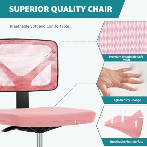 OLIXIS Armless Home Office Chair, Ergonomic Small Desk Chair | Mesh Back, Removable Washable Foam Cushion, Height Adjustable, Rolling Swivel Wheels, Small Space, Pink - color: Pink
