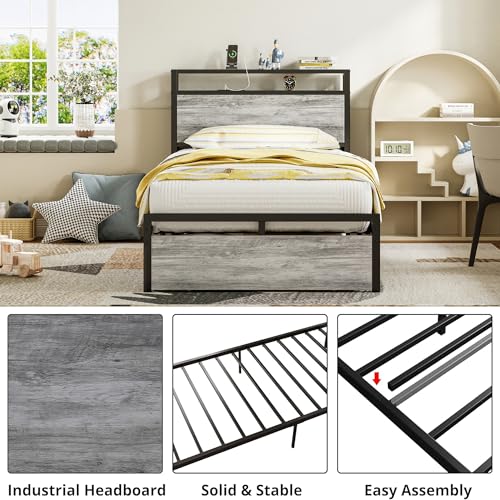 LIKIMIO Twin XL Bed Frames with Drawer and Charging Station, Industrial Gray - color: Industrial Gray, size: Twin XL