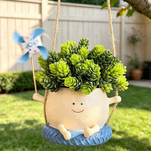 Smiley Face Hanging Planter with Spinning Windmill, 4 Inch Resin Flower Pots with Drainage Hole & Mesh Pad, Cute Succulent Planter for Small Plants, Gardening Gift, Indoor Outdoor Garden Decor