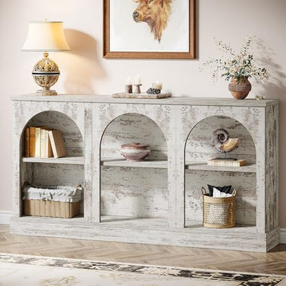 Tribesigns Console Table with Storage, 63" Long Arched Entryway Table | 3 Tier Wooden Farmhouse Rectangular Sofa Table Behind The Couch for Entrance, Hallway, Living Room, Distressed White - color: Distressed White