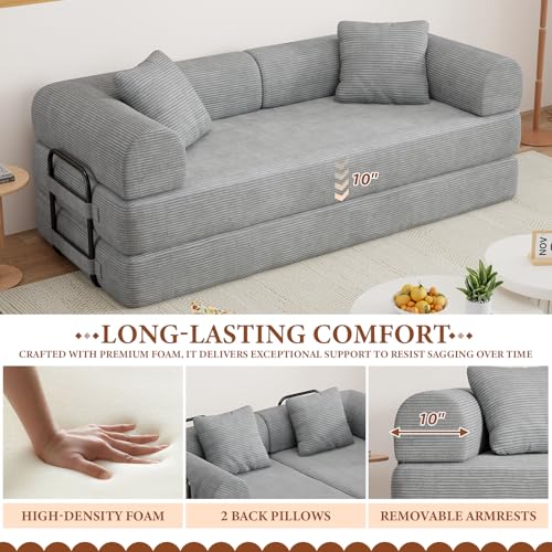 77" Convertible Sofa Bed, Modular Folding Futon Corduroy Floor Foam Compressed Loveseat Sleeper Sofa Couch, Pull Out Queen Size Couch Bed with 2 Pillows for Living Room Guest Room Studio, Light Grey