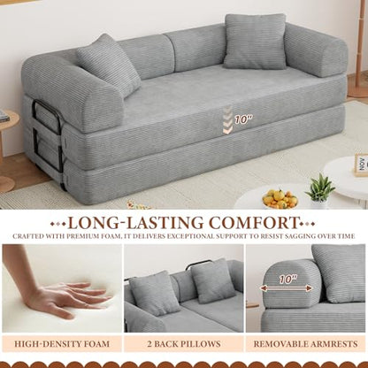 77" Convertible Sofa Bed, Modular Folding Futon Corduroy Floor Foam Compressed Loveseat Sleeper Sofa Couch, Pull Out Queen Size Couch Bed with 2 Pillows for Living Room Guest Room Studio, Light Grey