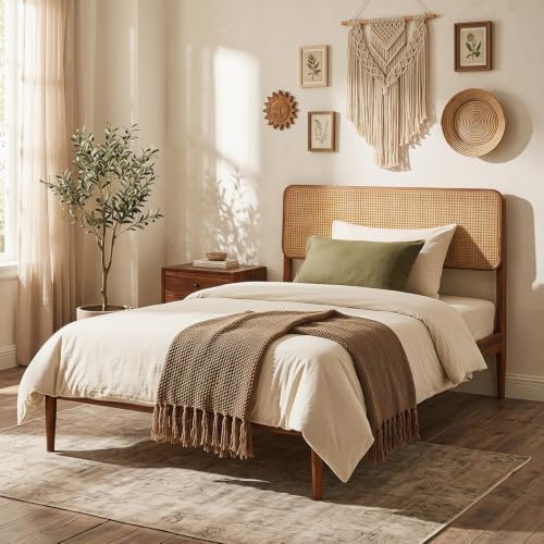 Giantex Wooden Bed Frame Twin Size, Rattan Headboard Platform Bed (Twin) | Wooden Slat Support, Acacia Wood Mattress Foundation No Box Spring Needed - size: Twin