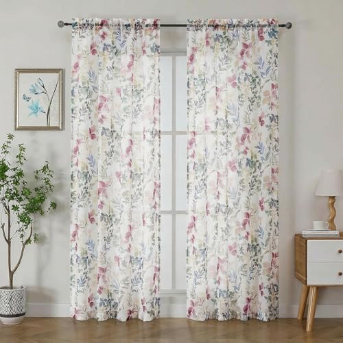 Crushed Sheer Curtains, 84 Inches Long, 2 Panels Set, Floral Printed Drapes for Living Room, Rod Pocket, Light Filtering Farmhouse Window Sheers Purple, (2 Panels, 42" x 84") - color: Purple/Multi, size: 42"W x 84"L (Pack of 2)