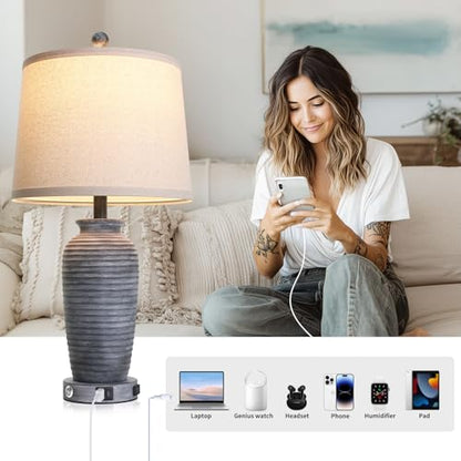 CINSARY 25" Retro Distressed Black Farmhouse Jar Table Lamps Set of 2, 3 Way Touch Control Rustic Bedside Lamps with USB A+C Ports & AC Outlet, Pot Nightstand Lamps for Bedroom Living Room - color: Distressed Black