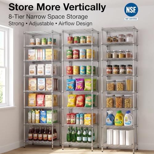 Finnhomy Heavy Duty 8 Tier Wire Shelving, 18x18x78.8 inches 8 Shelves Storage Rack with Thicken Steel Tube, Pantry Shelves for Storage, Adjustable Metal Shelving Unit, NSF Certified, Chrome - size: 78.8"H-Chrome