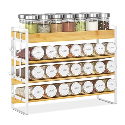 EsLuker.ly Spice Seasoning Rack Organizer Kitchen Countertop, 4 Tier Bamboo | Shelf Holder Storage with 4 Hooks, Wall Mounted Freestanding Stand for Pantry, Quick Spice Access(Jars Not Included), White - color: Bamboo+White