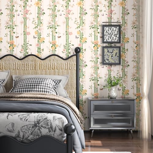 BOKEBEVE Boho Floral Peel and Stick Wallpaper Beige Pink 17.5 x 787In | Super Long Leaf Contact Paper Modern Wall Paper for Bedroom Accent Walls Laundry Nursery Pantry Renter Friendly Removable - color: Beige/Pink, size: 17.5" x 787"