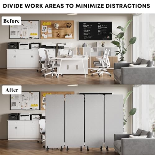 4 Panel Soundproof Room Divider W/Wheels, Office Divider with Whiteboard | 66" H with Detachable Whiteboard/Clips/Hooks/Pushpins,Wheeled Room Dividers, Easy to Move,For Conference Room Partitions - color: Grey, size: 4-Panel-with Board