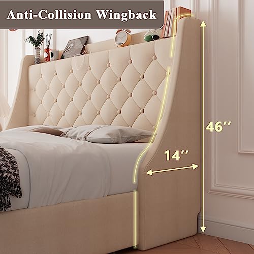 Feonase Upholstered Full Size Bed Frame with 4 Storage Drawers, Charging Station and Tufted Wingback Storage Headboard, No Box Spring Needed, Easy Assembly, Beige - color: Beige, size: Full