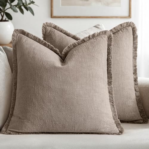 MIULEE Boho Linen Fringe Decorative Fall Throw Pillow Covers Dune 18x18 | Set of 2, Cottagecore Decor, Boho Farmhouse Neutral Pillow Covers, Rustic Fall Couch Cushion Cases for Sofa Bed Living Room - color: Dune, size: 18" x 18" (Pack of 2)